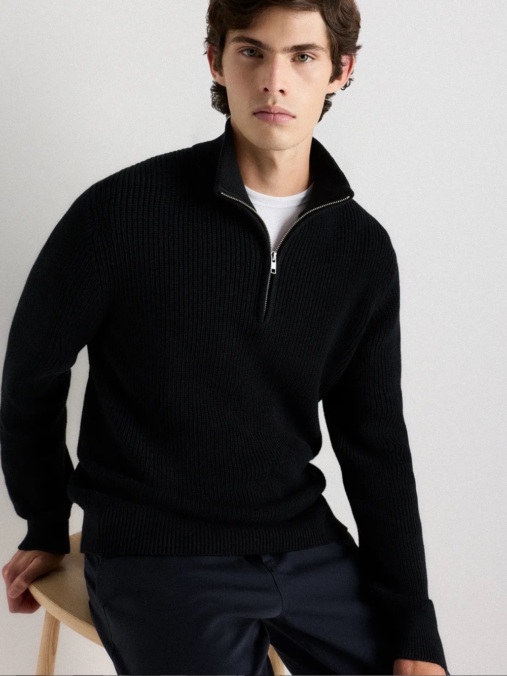 NWT Quince Men's Black Quarter-Zip Ribbed Sweater